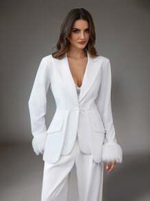 SHEIN Privé Women White Asymmetrical Hemline Feather Cuff Blazer Jacket - White - View 5