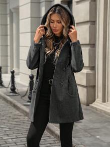 EMERY ROSE 女式冬季纯色长袖双排扣连帽大衣 灰色大衣 豌豆大衣女款豌豆大衣女款