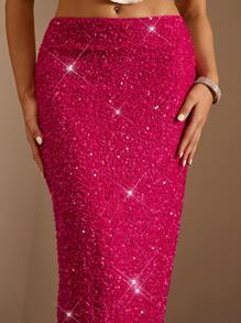 Glamine 女式亮粉色低腰长款亮片修身鱼尾裙，四季百搭，优雅裙装，亮片裙，节日派对裙，女式秋季长裙 - 玫紅色 - 查看 7