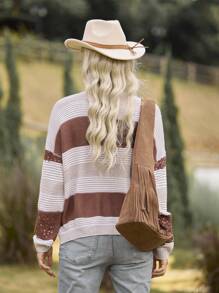 LanaWest Suéter holgado de punto con cuello redondo y cuentas de color contrastante para mujer, informal, para otoño e invierno - Multicolor - Ver 2