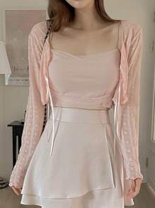 DAZY Women's Front Tie Sheer Textured Long Sleeve Lace Cardigan T-Shirt,Fall Women Clothes - Pink - View 3