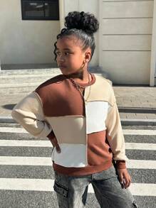 SHEIN Tween-Mädchen Lässiger Pullover mit Rundhalsausschnitt und Farbblockdesign. Lockeres Langarm-Sweatshirt