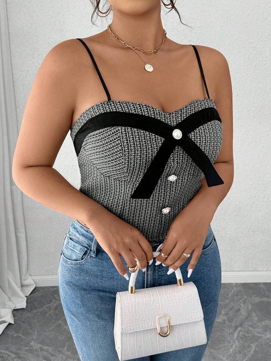 Calvaya Plus Size Patchwork Elegant Camisole Top For Outgoing & Party Graphic Tees Women Tops Bow - Multicolor - View 1