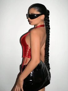 SHEIN ICON Metallic Hollow Out Cross Tie Halter Neck Y2k Silver Top - Red - View 6