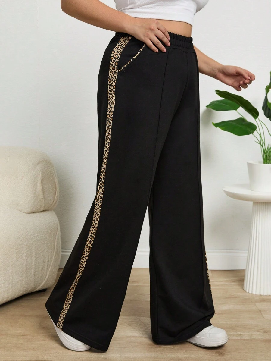 EURMUSE Plus Size Solid Color Patchwork Simple Long Pants, Casual For Daily Wear - Black - View 1