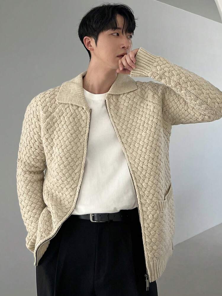 Men's Solid Color Front Zipper Long Sleeve Pocket Casual Top, Daily Wear Jacket Fall,Winter