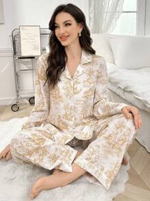 LuxeNights Bộ đồ ngủ tay dài cổ áo in họa tiết bong bóng, quần áo thu đông - Màu vàng - Xem 3