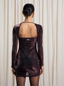 AiiRZ Ruched Bust Glitter Long Sleeve Mini Dress - Burgundy - View 2