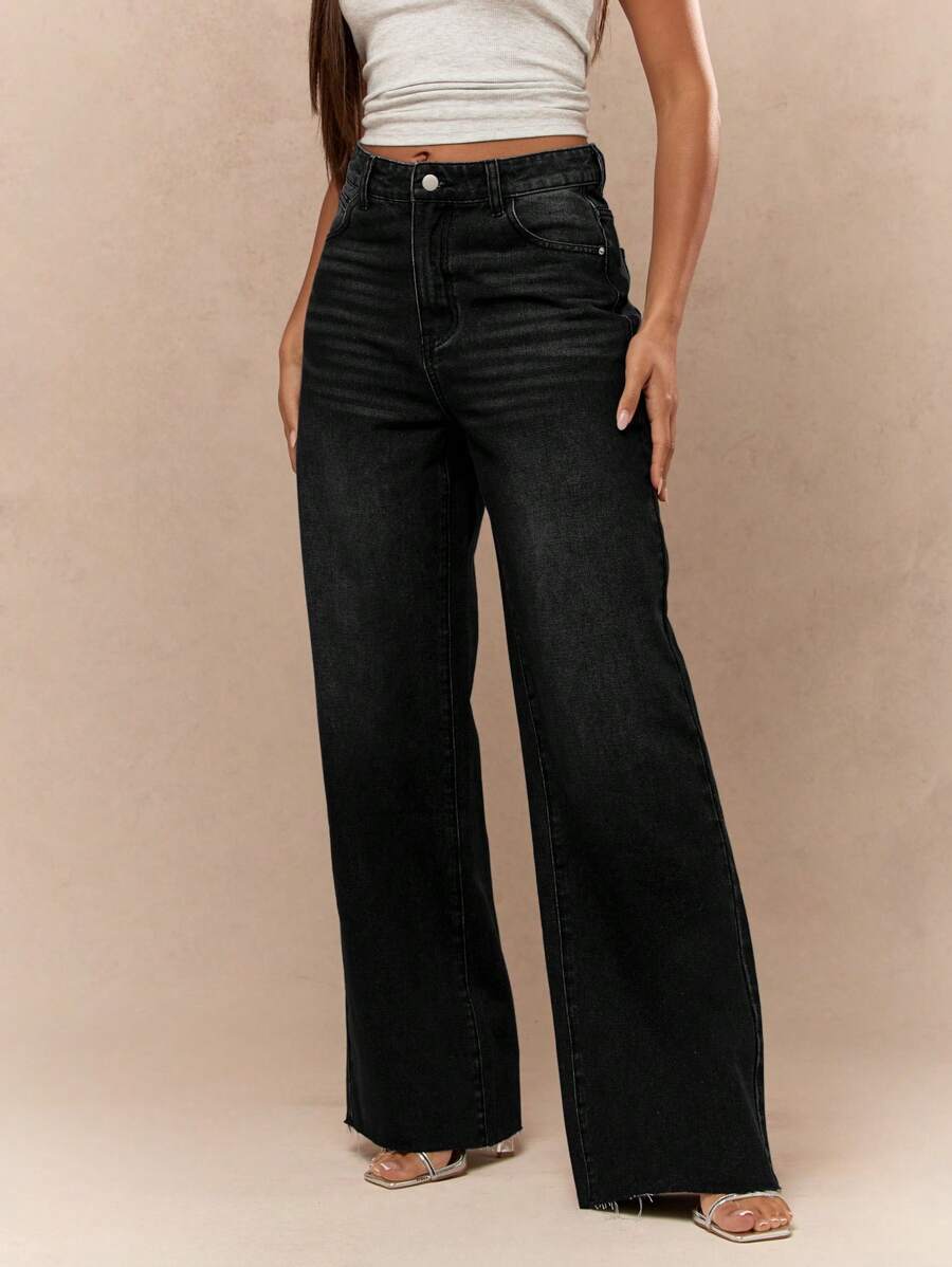 MISSGUIDED Pantalones vaqueros de pierna ancha clásicos, de tiro alto, con dobladillo crudo y desgastado, de ajuste relajado para uso diario y casual, declaración de moda de otoño e invierno, estilo retro, cómodo, estética Y2K