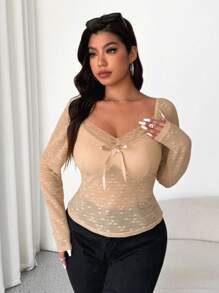 SHEIN Unity 女式复古别致蕾丝长袖上衣，适合春秋季节 - 杏色 - 查看 4