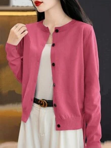 SHEIN LUNE Women's Casual Loose Solid Color Single Breasted Cardigan, Long Sleeve, Autumn/Winter - Hot Pink - View 3