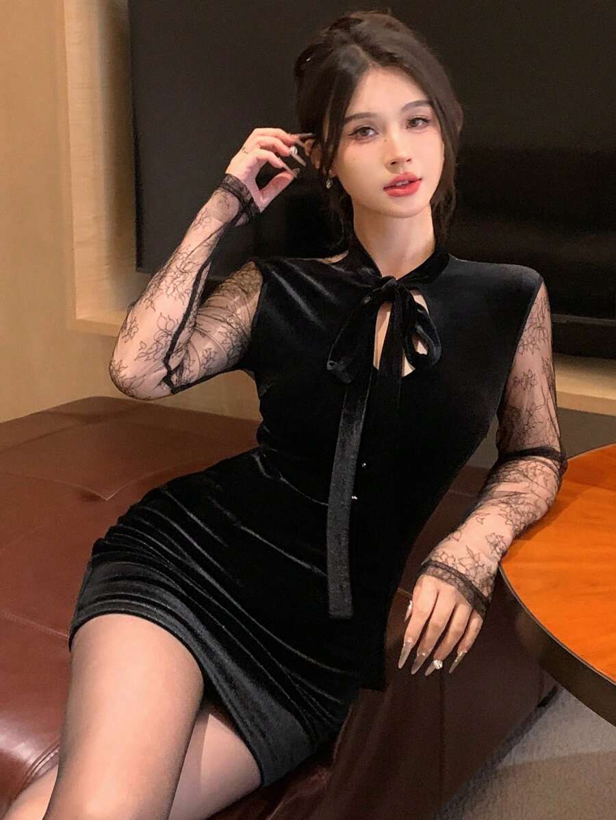 DAZY Women Elegant Lace Patchwork Bodycon Mini Dress, Autumn,Fall Women Clothes Long Sleeve Dress - Black - View 1