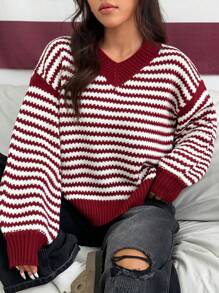 Flirla V-Ausschnitt lässiger farbblockiger gestreifter loser Strickpullover für Frauen