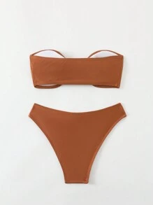 Swim Chiccia 1 Set Women's Solid Color Glossy Front Snap Button Bikini Summer - Redwood - View 5