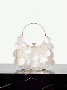 SHEIN SXY 女士手提包，时尚、优雅、简约、个性、百搭，贝壳配饰，金属手柄，适合海滩、度假、节日、夏季 - 米色 - 查看 4