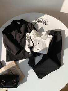 SHEIN Leap Crew Young Boy Solid Color Lapel Neck Single-Breasted Long Sleeve Jacket & Pants Casual Gentleman Suit Set, Autumn - Black - View 8