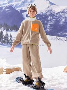 SHEIN 2pcs Tween Boys Autumn Fleece Jacket With Pockets + Drawstring Pants Set, Suitable For Outdoor & Casual Wear - Grey - View 1