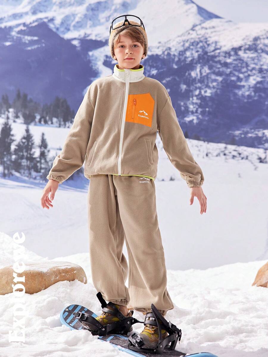 SHEIN 2pcs Tween Boys Autumn Fleece Jacket With Pockets + Drawstring Pants Set, Suitable For Outdoor & Casual Wear - Grey - View 1