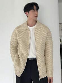 DAZY 男士纯色前拉链长袖口袋休闲上衣，日常穿着夹克秋冬 - 米色 - 查看 5