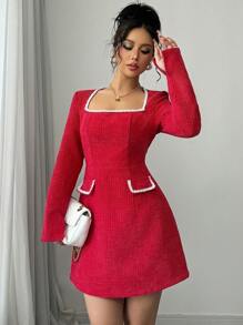 Chiquease 女士纯色拼布刺绣装饰休闲方领优雅连衣裙新年衣服