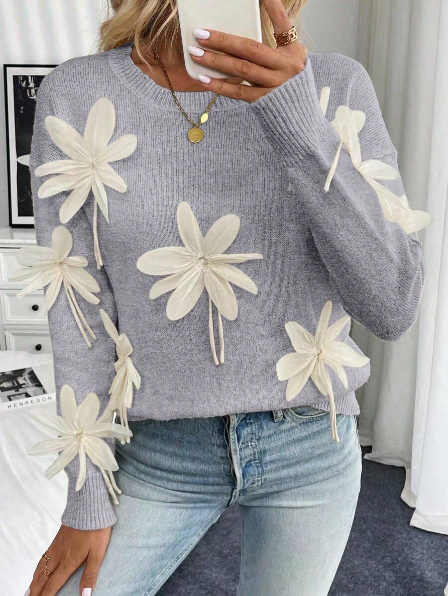 SHEIN Unity Handmade 3D Floral Decor Sweater, Stylish For Autumn/Winter Knit Pullover Fall - Grey - View 1