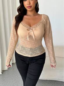 SHEIN Unity 女式复古别致蕾丝长袖上衣，适合春秋季节 - 杏色 - 查看 1