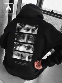 Manfinity LEGND 男士雕塑印花连帽衫，图案，长袖，男朋友礼物 - 黑色 - 查看 1