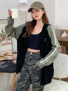 DAZY Women's Colorblock Striped Letter Embroidery Loose Long Sleeve Hooded Zipper Cardigan,Fall Women Clothes Jacket - Black - View 7