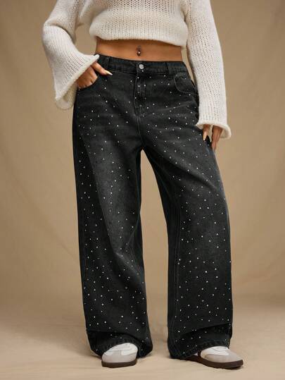 Forever 21 大码时尚水钻装饰宽松直筒男友风牛仔裤