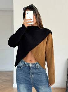 SHEIN Teen Girl's Casual/Autumn/Winter/Black And Brown Two-Color Overlapping Hem Sweater