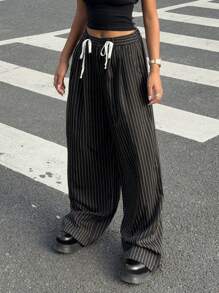 SHEIN EZwear Women's Casual Loose Woven Striped Wide Leg Pants, Black - Black - View 5