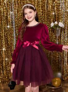 Robe de soirée élégante pour préadolescentes en velours, patchwork, pailletée et en maille, pour Noël, automne/hiver