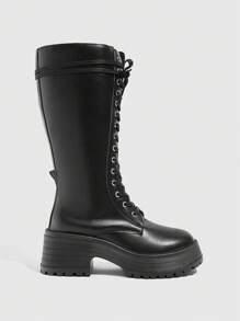 CUCCOO GRLICON 复古欧美时尚厚底及膝系带战斗靴女款圣诞新年假期氛围秋冬款 - 黑色 - 查看 2