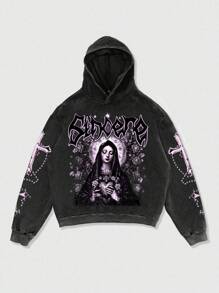 ROMWE MEN Street Life Men's Printed Washed Loose Cropped Hoodie - Black - View 1