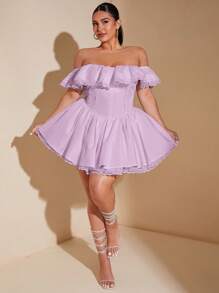 SHEIN BAE 大码褶皱蕾丝边露肩优雅褶裥连衣裙，派对礼服 - 淡紫色 - 查看 3