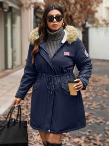 Calvaya 加大码收腰中长款连帽派克大衣外套冬季服装