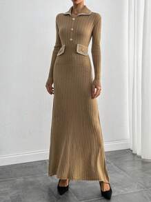 SHEIN Tall Women's Solid Color Splicing Front Button Pocket Long Sleeve Minimalist Long Dress - Mocha Brown - View 6