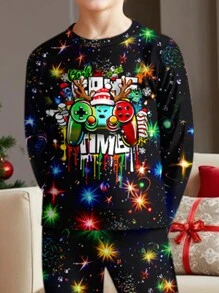 SHEIN Conjunto de pijama de manga larga y cuello redondo ajustado con elementos gráficos navideños minimalistas, cómodo para otoño/invierno, para niño preadolescente