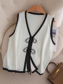 SHEIN Essnce Plus Size Women Black & White Contrast Tie Front Cardigan, Going Out Sexy Tops - Black and White - View 5