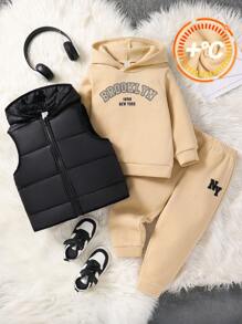 SHEIN Leap Crew Bộ 3 áo nỉ in chữ mùa đông giản dị cho bé trai, quần nỉ & áo vest có đệm - Màu Khaki - Xem 1