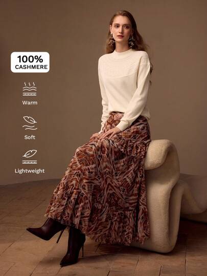 MOTF PREMIUM 100% 羊绒纯色立领落肩宽松网眼针织育克毛衣