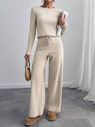 EURMUSE Damen Zweiteiler aus einfarbigem Top mit rundem Ausschnitt und Langarm sowie Hose, minimalistischer Lässig Anzug