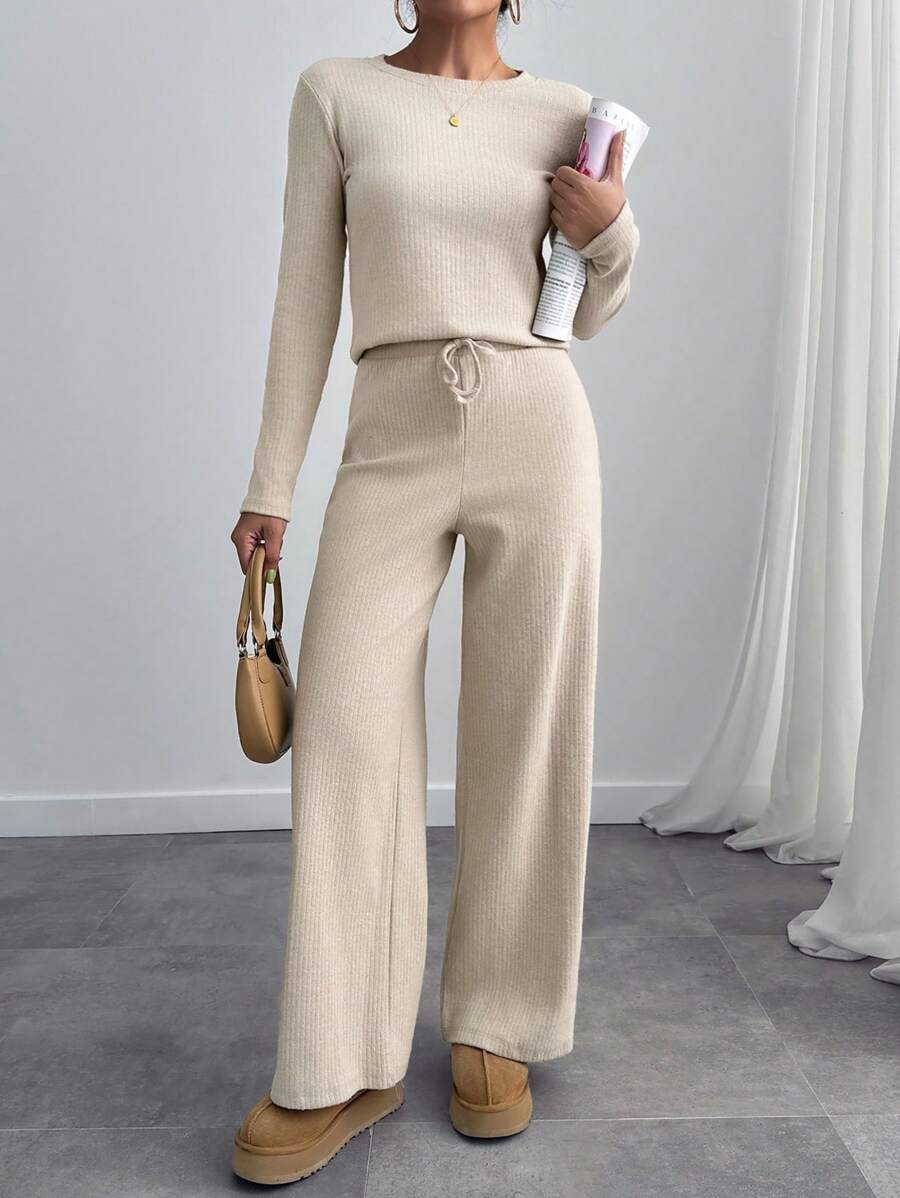 EURMUSE Damen Zweiteiler aus einfarbigem Top mit rundem Ausschnitt und Langarm sowie Hose, minimalistischer Lässig Anzug