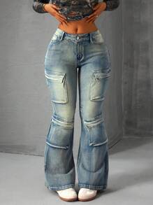 SHEIN ICON Jeans de mezclilla casuales y versátiles con múltiples bolsillos y vuelo para mujer