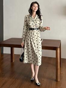 DAZY 女式波尔卡圆点长袖衬衫裙，法式复古简约优雅收腰修身长裙，秋季连衣裙 - 綠色 - 查看 7