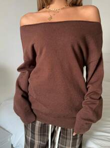 SHEIN EZwear Women Casual Solid Color Off Shoulder Oversized Sweater, Suitable For Autumn Fall/Winter - Camel - View 1