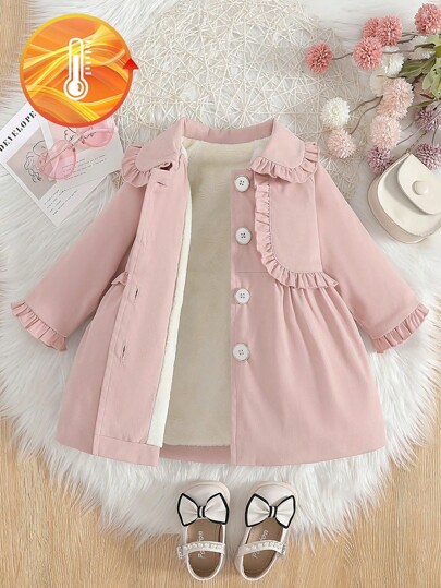 SHEIN Baby Girls' Autumn/Winter Ruffled Collar Thermal Lined Thickened Trench Coat, Suitable For Outdoor