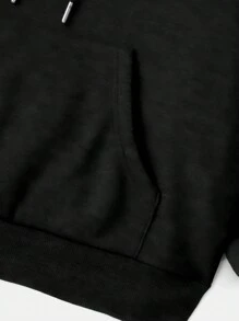 SHEIN EZwear Áo nỉ trùm đầu dày cổ cao màu đen rộng rãi thoải mái có dây rút cho nữ, thích hợp cho mùa thu/đông - màu đen - Xem 6