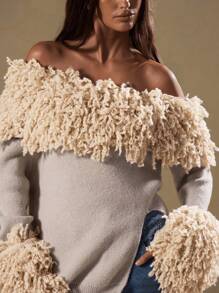 MUSERA Textured Shaggy Knit Asymmetrical Neck Jumper, Spring Y2K 90's Casual Cute Muted Haze Festival Summer Coolgirl - Grey - View 4