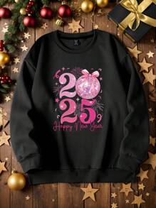 Calvaya Plus Size Women's Letter Happy New Year 2025 New Years Eve Graphic Print Round Neck Casual Pullover Sweatshirt Fall - Black - View 3